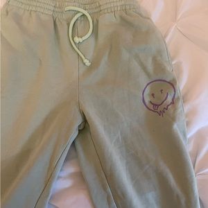 super soft green sweatpants, comfy, smiley face, preppy